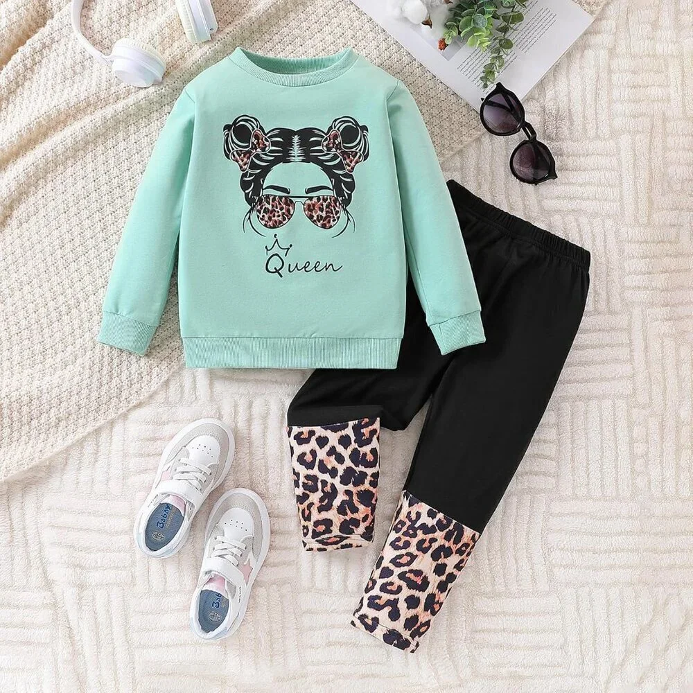 Toddler Girl Clothes Figure Graphic Drop Shoulder Top Pullover Leopard Print Pan